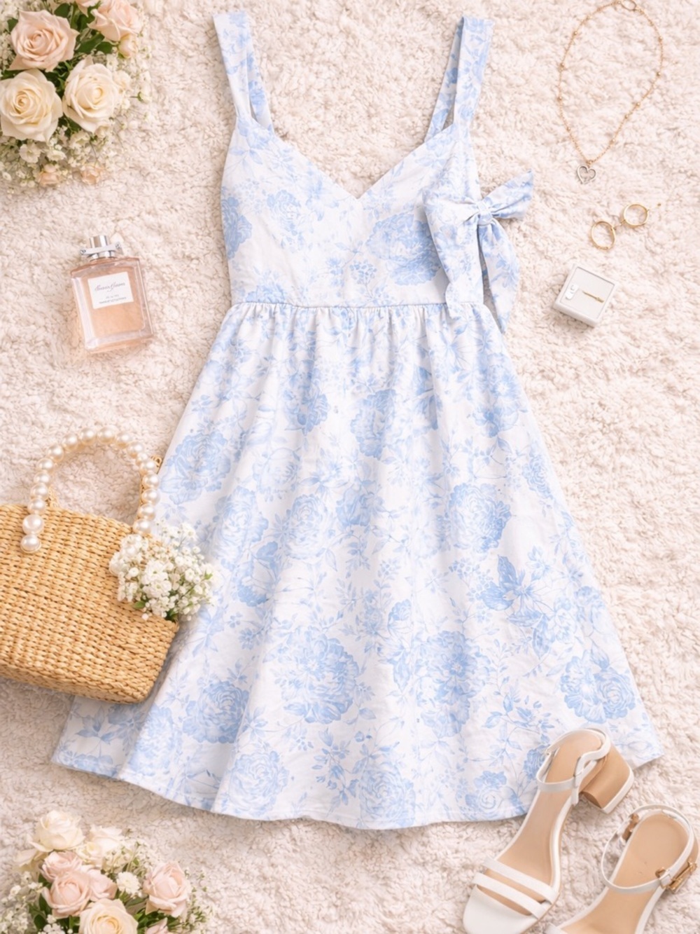 Trixxi Floral Print Babydoll Mini Dress Blue & White NWT M Cottagecore Party